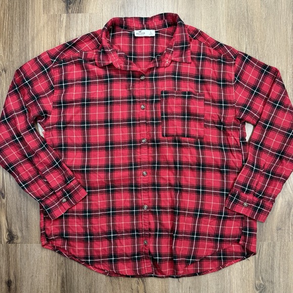 Hollister Women's L Flannel Shirt Red Plaid Button Front Long Sleeve Casual - Picture 1 of 7